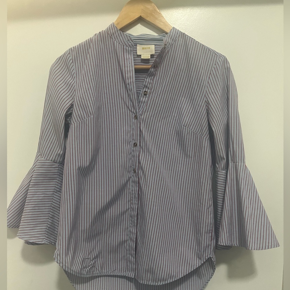 Maeve Blue and White Bell Sleeve Button Down Shirt